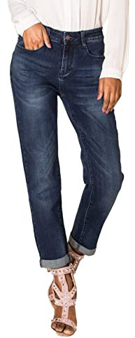 Nina Carter Q1806 Damen Boyfriend Jeanshosen HIGH Waist Used-Look Jeans Waschungseffekt (Dunkelblau (Q1806-1), S)