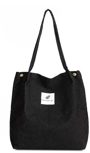 FITDON Cord Umhängetasche Damen, Groß Schultertasche Canvas Tasche Tote Handtasche für Alltag, Büro, Schulausflug und Einkauf - Schwarz