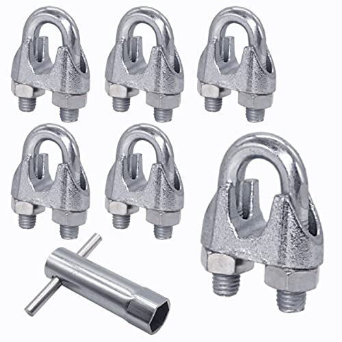 Paquete de 6 abrazaderas de cuerda de alambre M10, clips de cable, DIN 741, abrazadera de acero para cuerda de alambre Ø 14 mm (6 piezas, M10 para Ø 14 mm) Llave tubular incluida