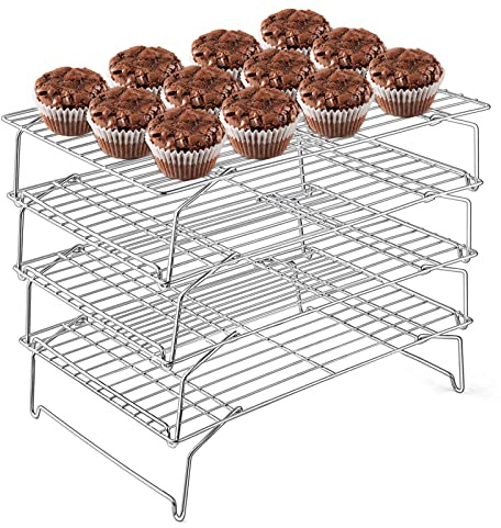 E-far 4-Tier Cooling Rack, 15”x10.1 Stainless Steel Stackable Wire Cooling Rack for Baking Cooking Cookies, Folding Leg & Non-toxic, Oven Safe & Dishwasher Safe