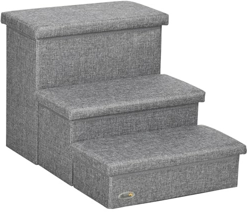 PawHut 3 Step Dog Steps with Storage Boxes, Cat Stairs for Bed, Pet Ladder for Couch, Sofa - Light Grey