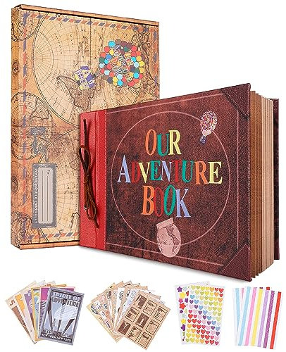 Our Adventure Book with House, 11.6 x 7.5 inch Leather Cover Up Themed Vintage Scrapbook Album,Valentine's Day, Anniversary Wedding Gifts, Retro Craft Cardstock, 40 Pages (adventure book)