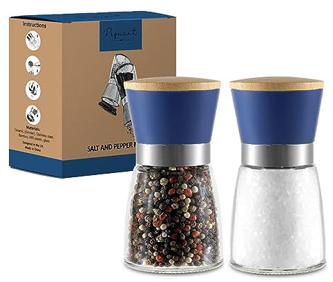 Salt and Pepper Mills Grinder Set of 2 Refillable Ceramic Grinder Adjustable Levels Kitchen Gifts (Blue)