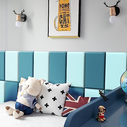 PINJIE Wall Padding for Kids, Peel and Stick Headboard Upholstered Wall Panels, Wall Protection Pad for Tatami, Bedroom, Playroom, Nursery, Pack of 10 Panels Size 23.6” X 11.8” (Sky Blue)