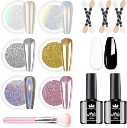 BISHENGYF 6 Chrome Nail Powder Kit -Schwarzer Weißer Nagellack Chrome Pulver Nägel mit Spiegeleffekt, Laser Chrome Puder, Pearl Effect Powder für Glazed Donut Nails