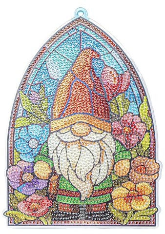Ideen mit Herz Diamond-Painting-fönsterbild | Glaskonstutseende | tomte med blommor | inkl. diamantmålningsstenar | 20,3 cm x 14,7 cm