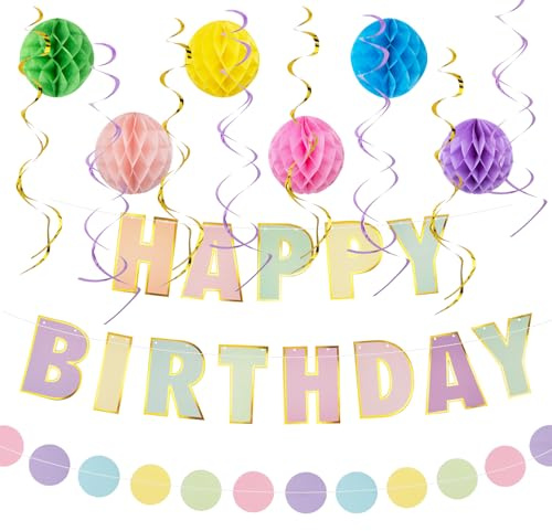 Kriovoa Happy Birthday Banner, Pastel Happy Birthday Decorations, Macaron Birthday Banners for Girls with Honeycomb Ball, Streamer for Birthday Party Decoration Supplies.