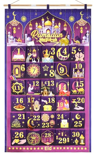 DPKOW Tela Calendario Ramadán para Rellenar, Calendario Ramadan Rellenable, 30 Vacio Calendario Adviento DIY Colgante para Decoracion Ramadán Puertas Pared, con Bolsillos, Morado Oro