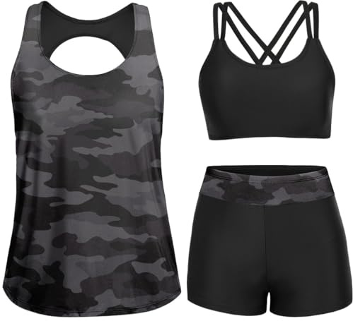 Yonique 3 Piece Tankini Swimsuits for Women Bathing Suits with Boy Shorts and Swim Tank Top Bra Modest Swimwear, Camo, Medium