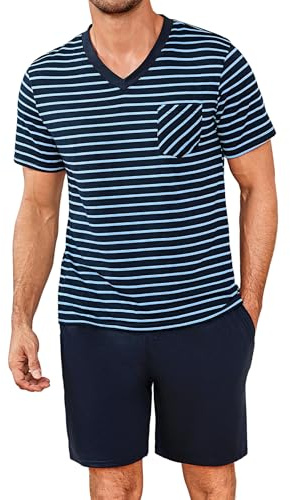 Demegimi Pijamas para Hombre de Algodón Conjunto de Manga Corta y Pantalón Corto Cuello en V, Rayado Transpirable y Cómodo para Verano