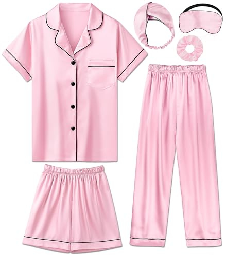 ALHAVONE Silk Pajamas for Girls Satin Pajama Kids 3 Pieces Short Sleeve Girl Button-down Pjs Shorts Pants Sleepwear (Pink, 9-10 Years)