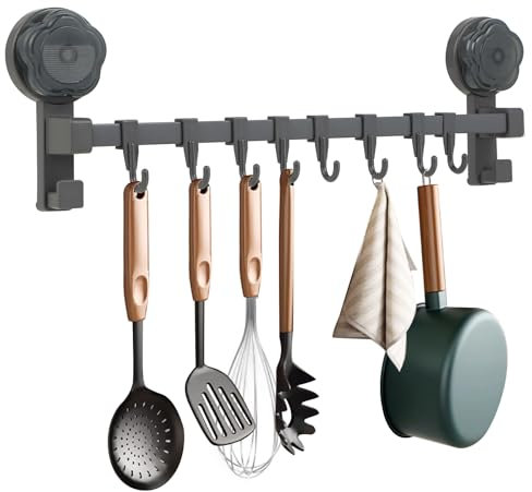 Barra Portautensili Cucina - Porta Utensili da Cucina, 40 cm, 8 Ganci Mobili con Ventosa, Nessuna Foratura Necessaria, Installazione Semplice, Alta Portata, per Cucina, Bagno o Pareti del Balcone