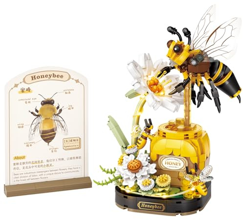 MEIEST Juego de bloques de construcción de flores de insectos, juguete colorido de ladrillos de construcción con una tarjeta de popularización científica, decoración creativa para el hogar (abeja)