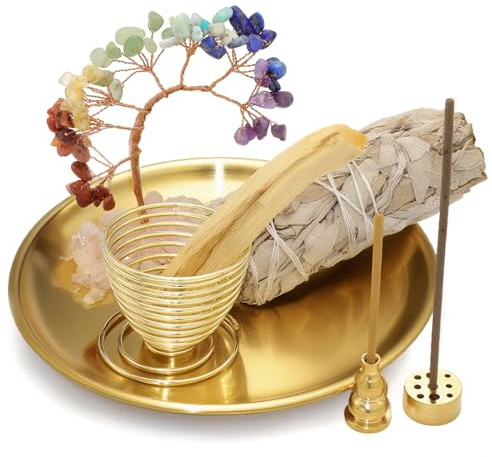 BEYLAB Triple Goddess Brass - Soporte de incienso 5 en 1 con bolsa de almacenamiento, cuenco de incienso de 14 cm para cualquier varilla de incienso, soporte de Palo Santo, salvia blanca, conos, juego