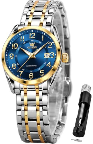 OLEVS Womens Watches Classic Business Two Tone Analog Quartz Female Wristwatch Ladies Luminous Calendar Easy Read Blue Reloj de Mujer