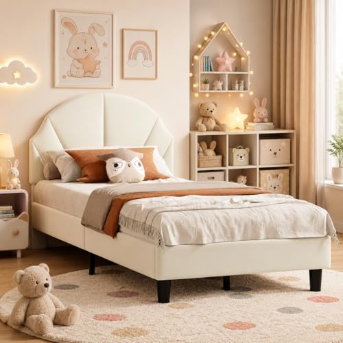 JiaOyu Letto singolo 90x200 cm, letto per bambini imbottito con rete a doghe per ragazze, letto imbottito letto per giovani con testiera regolabile per cameretta dei bambini, senza materasso