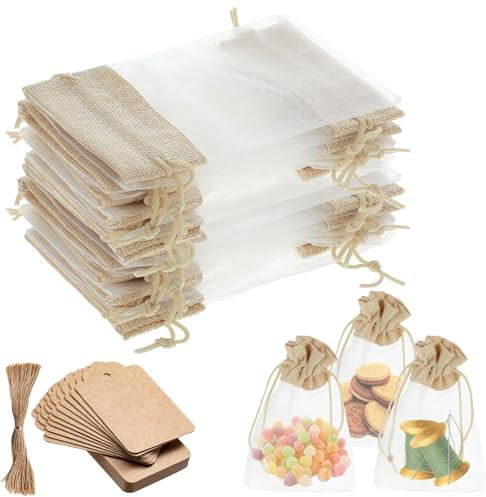 Kisstta 25 bolsitas de organza de 10 x 15 cm con etiqueta de regalo, papel de estraza y cuerda de yute, bolsas de regalo con cordón, para rellenar, para bodas, Navidad (color lino)