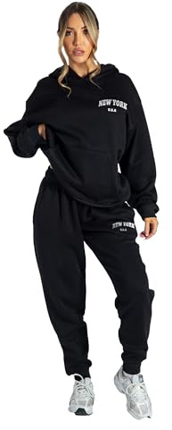 Lang Horn Tracksuit Womens Full Set Uk With Pocket 2 Piece Hooded Oversized Letter Print Lounge Wear Sweatsuits Jogger Set Ladies Gym Activewear (UK, Alpha, S, Regular, Regular, Black)