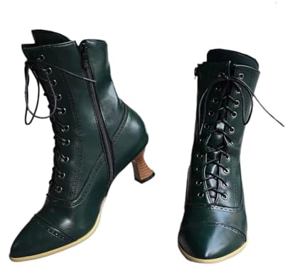 Glamidea Bottines d'Hiver pour Femme Bottes Victoriennes en Cuir avec Fermeture Éclair Latérale & Lacets Style Vintage Classique Monochrome Pointe Fine Talon Bas pour Mariage & Fête