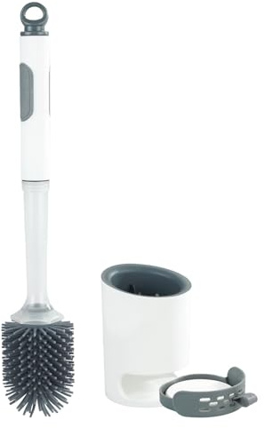 WC-Garnitur mit Reinigungsmittel-Spender 2in1, nachfüllbar, mit Silikon-Bürstenkopf, Wandmontage ohne Bohren, Ø 10,5 x 45 cm, weiß
