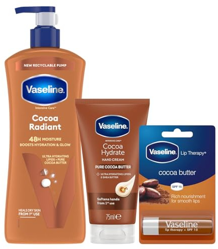 Vaseline Cocoa Radiant Bundle - Body Lotion 600ml, Hand Cream 75ml & Lip Therapy 4g -Deeply Moisturises, Nourishes & Protects Dry Skin for Soft, Smooth, Healthy Skin
