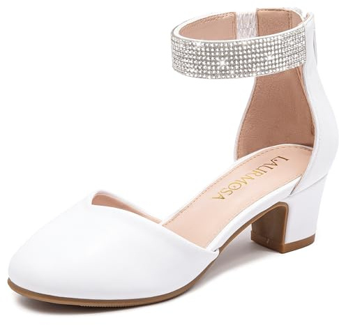 LAURMOSA Girls Dress Shoes with Rhinestone Ankle Strap Closed Toe High Heels for Little Big Kids Wedding Party