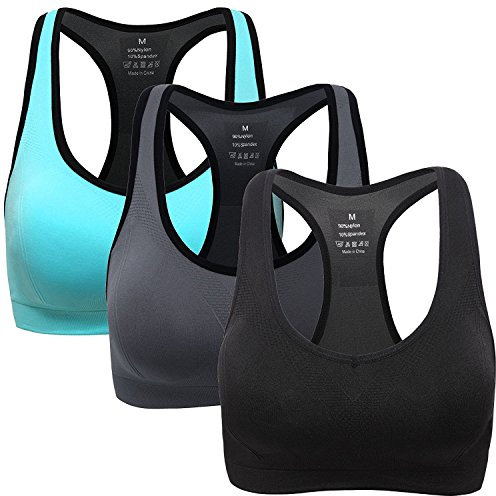 ANGOOL Damen Komfort Klassische Racerback Sport BH Top Fuer Yoga Fitness-Training, Schwarz+grau+azurblau, XL Fit 85DD 90D 90DD 95BC 95D
