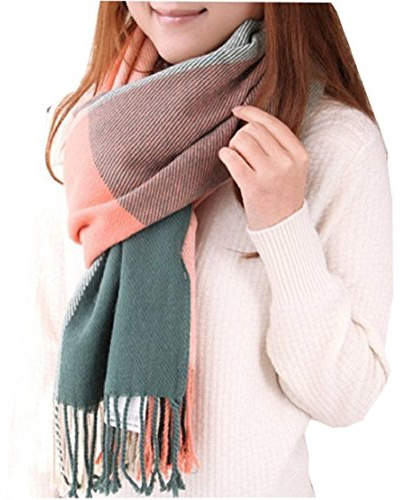 heekpek Bufanda Mujer Invierno Otoño Tartan Bufanda Caliente Suave Larga Cachemira Mujer con Borlas, Rosa+Verde