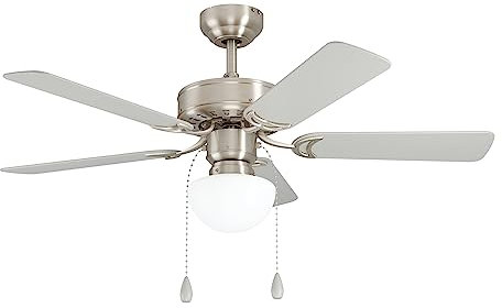 EGLO Deckenventilator CADIZ, 5 Flügel Ventilator mit Licht, Zugkette, Wendeflügel aus MDF in Silber oder Eiche, Gehäuse aus Stahl in Nickel-Matt, Sommer Winter Betrieb, AC Motor, Ø 106,6cm