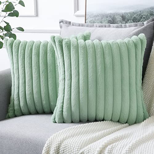 Soleebee 2er Set Plüsch Samt Kissenbezüge, Weiche Künstliche Pelz Dekorativ Kissenbezug Sofa Zierkissenbezüge Dekokissen Kissenhülle Set für Couch Schlafzimmer Zuhause Auto Dekor (50x50cm, Hellgrün)