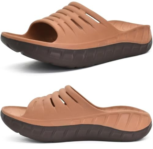 KuaiLu Mens Recovery Sandals Sport Comfortable Arch Support Cushion Athletic Sliders Orthotic Plantar Fasciitis Open Toe Wide Width Thick Foam Sandles Summer Pool Beach Slippers Khaki Brown Size 9