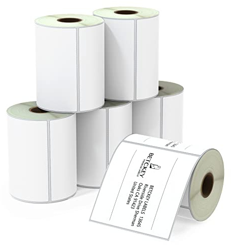BETCKEY - 102mm x 102mm(4 in x 4 in) Perforadas Etiquetas Térmicas para Envío y Cuadradas Grandes Compatible con impresoras Zebra y otras [6 Rollen/2100 Etiquetas]