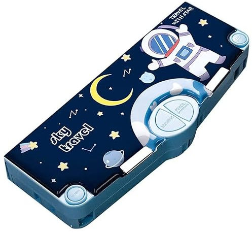 Sobebear Pencil Box Set with Magnetic Locks Geometry Stationary Box with Inbuilt Sharpeners Plastic Scissor Tape & Pencil Slots, for School & College Kids(Blue)