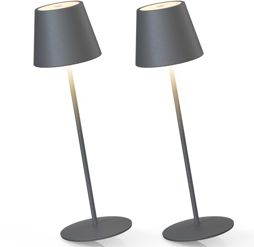 MALUX Tischlampe Kabellos 2Stück Touch Control Dimmbare Warmweiß 2700K-4000K Metall Led Tischlampe Akku Wasserdicht IP54 Led Akku Tischleuchte für Garten Esstisch Schlafzimmer Balkon Hotel(Grau)