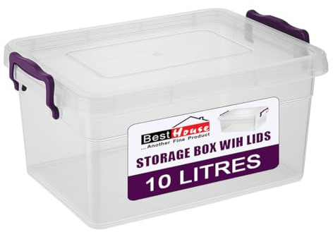 Best House Plastic Storage Box Bins with Lids - Pack of 1 - Heavy Duty, Stackable Clear Container Box Use for Home, office, Kitchen, Toys and Goods (10 Litres)