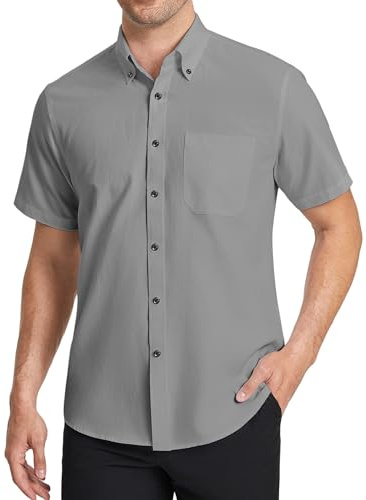 HISDERN Men's Oxford Shirts Formal Short Sleeve Shirt for Men Plain Smart Button Down with Pocket Regualr Fit
