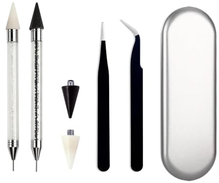 CLKE Lot de 2 stylos à strass à double extrémité, outil de sélection de strass, stylo de peinture diamant avec 2 pointes de cire supplémentaires et 2 pinces à épiler pour nail art, cristaux