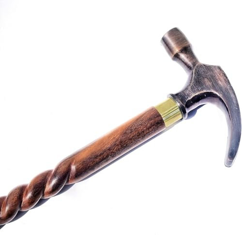 Canne de marche vintage avec tête de marteau en laiton, manche en bois en spirale, poignée décorative