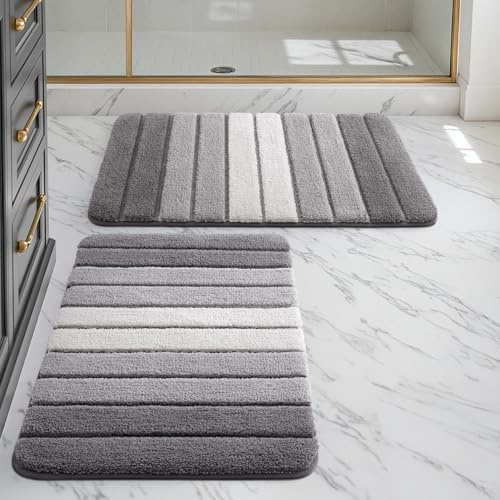 DEXI Bath Mat Sets 2 Piece 40 x 60 cm, Extra Soft Absorbent Microfiber, Non-Slip Washable Rugs for Shower Floor, Bathmat Bathroom Accessories Decor, Grey