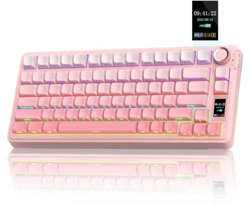 AULA S75Pro Wireless Gaming Keyboard 75 Percent,BT5.0/2.4G/USB-C Mechanical Keyboards with Screen & Multifunction Knob,Five-layer Padding,Hot Swappable,RGB Backlit,Creamy Keyboard for Win/MAC (Pink)