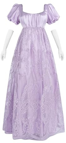 FCCAM Vestido de mujer con mangas abombadas, estilo imperio, vestido vintage victoriano con bordado de malla, vestido de fiesta de té con guantes