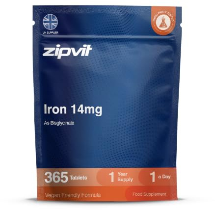 Zipvit Iron Tablets 14mg as Bisglycinate - 1 Year Supply - 365 Tablets | Recommended Dose - Easily Absorbed - Iron Supplements For Women & Men - Supports Energy, Immunity & Red Blood Cells - Vegan