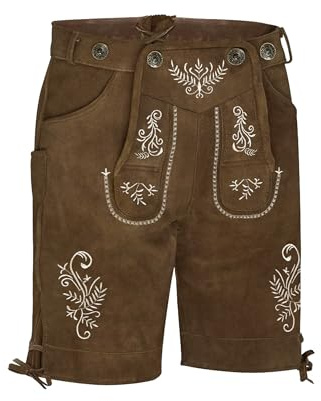 ATFORNA Pantaloni in pelle da uomo bavaresi, stile tradizionale corto, con bretelle, senza cintura tradizionale per l'outfit Oktoberfest, taglie 46-56, marrone, 54