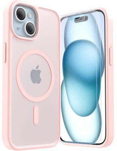 LUNOVATE Magnetic Shockproof for iPhone 15 Case, 14FT Protective Cover, Anti-Slip Texture Translucent Matte Phone Case with 2 Screen Protector for iPhone 15 - Pink Matte