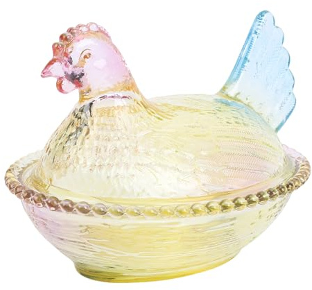 Fockety Plat à Bonbons en Forme de Poulet avec Couvercle, Bol à Bonbons en Cristal de Verre Vintage, Assiette à Dessert Décorative Multicolore pour Dessert, Biscuits, Fruits, Maison (M)