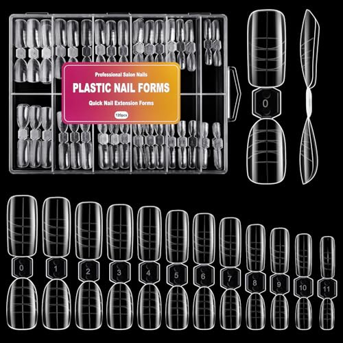 Kiiwah 120 Pezzi Dual Form Acrilico, 12 Misure Trasparente Riutilizzabili Tip in Gel per Unghie, Unghie Finte Nail System Dual Nail Form Mandorla e Quadrata con Scala Graduata