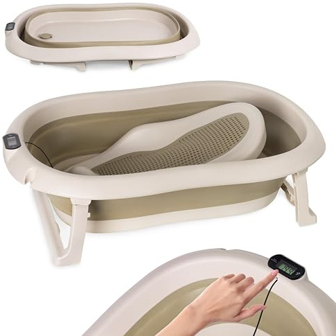moovkee. Babybadkar Vikbart – Beige, Med Termometer och Badstol, 80 cm, För Barn 0–36 Månader, Halkfritt Bärbart