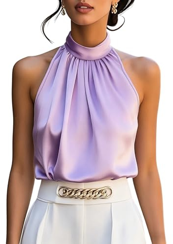 RWGSNB Haut Femme Chic et Elegant, Débardeur Dos Nu Satin Violet Femme Blouse sans Manches Élégante Plissée Style Années Y2K Camisole Cache-Cœur Décontractée L'Été Idéale Mariages Fêtes