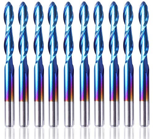 SainSmart Genmitsu 10Pcs Nano Blue Coat Ball Nose End Mill CNC Router Bits, 1/8 Shank Spiral Upcut 2 Flute End Mill Set (3.175 x 17 x 38mm)