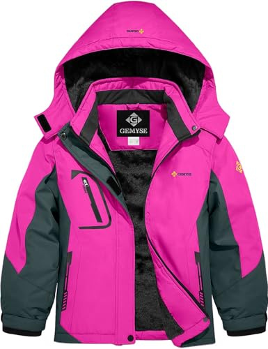 GEMYSE Girl's Waterproof Ski Snow Jacket Fleece Windproof Winter Jacket with Hood (Rose Red Grey,14/16)